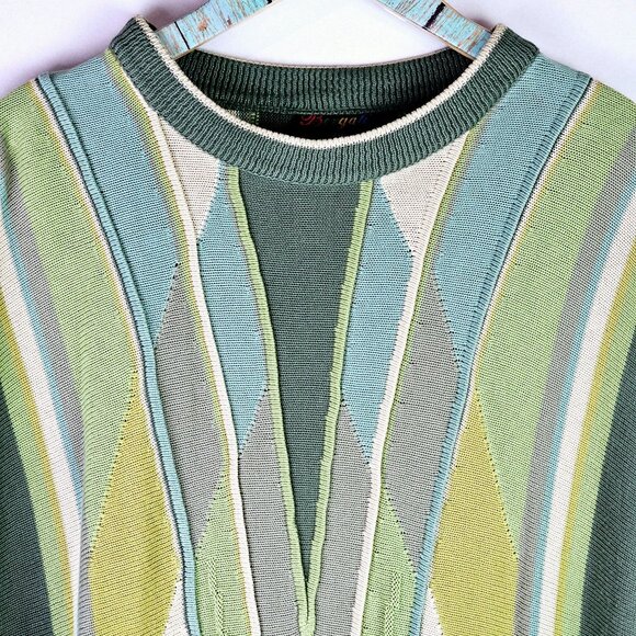 Vintage 1980's Bergati Coogi Style Knit Sweater, Shades of Green, XL, EUC - Picture 6 of 11